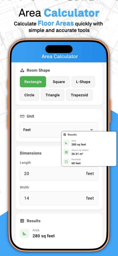 Floor Plan Designer: Home Map - Interface do recurso Calculadora de Área no Designer de Plantas Baixas mostrando seleção de forma de cômodo e cálculos de metragem quadrada.