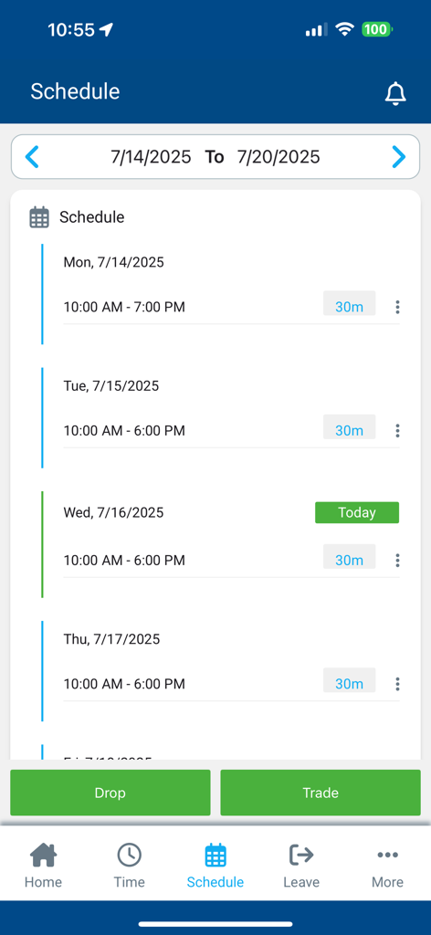 Interfaz de horario semanal en la aplicación Humanity Time que muestra los horarios de los turnos y las opciones para dejar o intercambiar turnos