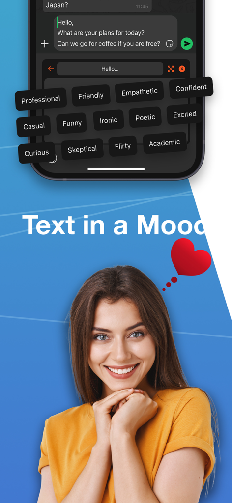 Interface de um aplicativo móvel mostrando um teclado IA com diferentes opções de tom de escrita, como profissional, amigável e empático