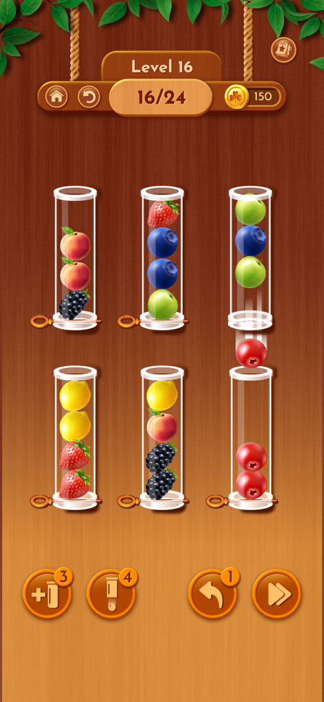 Gameplay screenshot of Woody Sort Ball Puzzle showing fruit sorting in glass tubes with a wooden background.