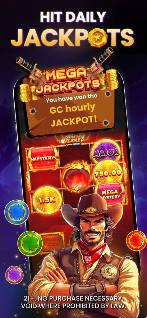 MegaBonanza Social Casino Live - Un personnage de cowboy devant une interface de machine à sous montrant un gain de jackpot dans l'application MegaBonanza Social Casino