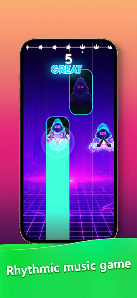 Beat Piano Music EDM Tiles - Jugabilidad de Beat Piano Music EDM Tiles mostrando una interfaz de juego de ritmo de neón con personajes encapuchados