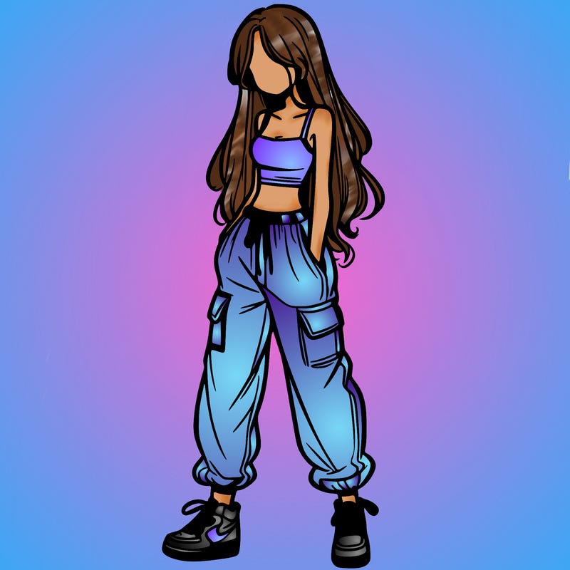 girl in baggy pants crop top and long hair