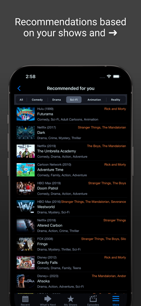 Next Episode - Track TV Shows - Next Episode app interface showing a list of recommended sci-fi TV shows based on user history.