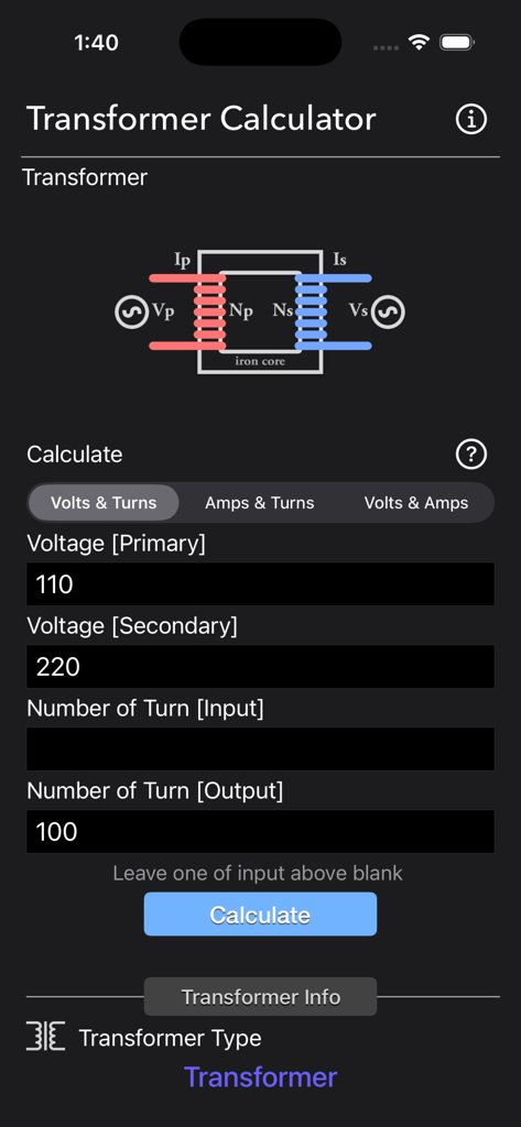Transformer Calculator mobile app interface showing an electrical circuit diagram and input fields for voltage and turns