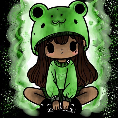 a girl wearing a frog hat and some frog socks
