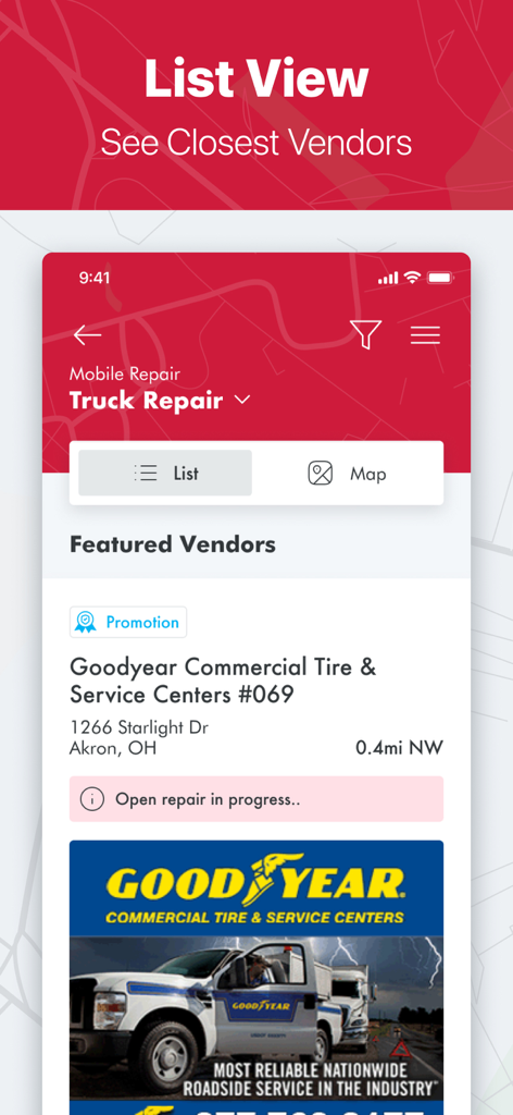 Visualização em lista de fornecedores de reparo de caminhões próximos no aplicativo Find Truck Service.
