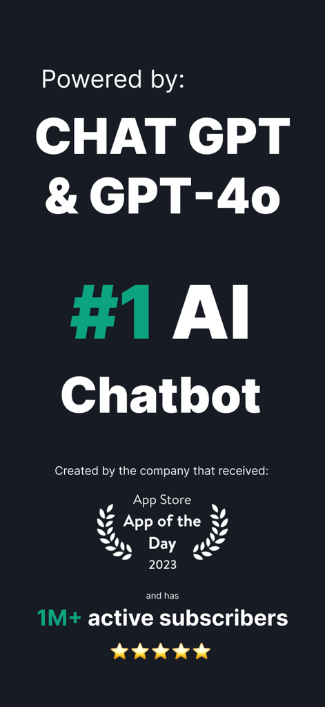 Pantalla promocional de ChatAI Plus mostrando integración GPT-4o, premio App del Año de la App Store 2023 y 1 millón de suscriptores activos.