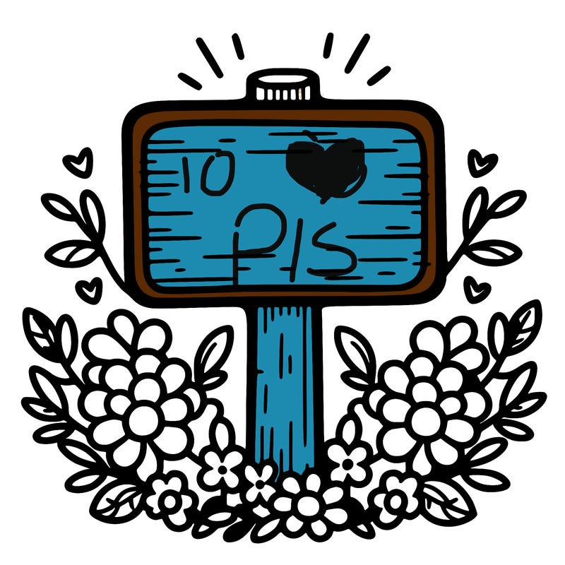 sign with flowers around it