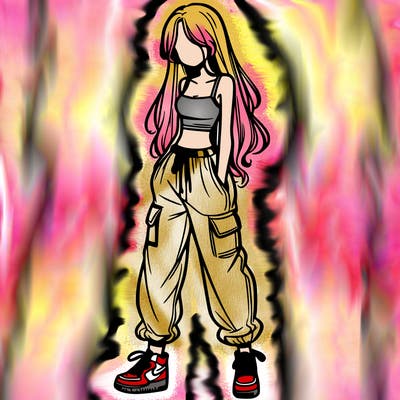 girl in baggy pants crop top and long hair