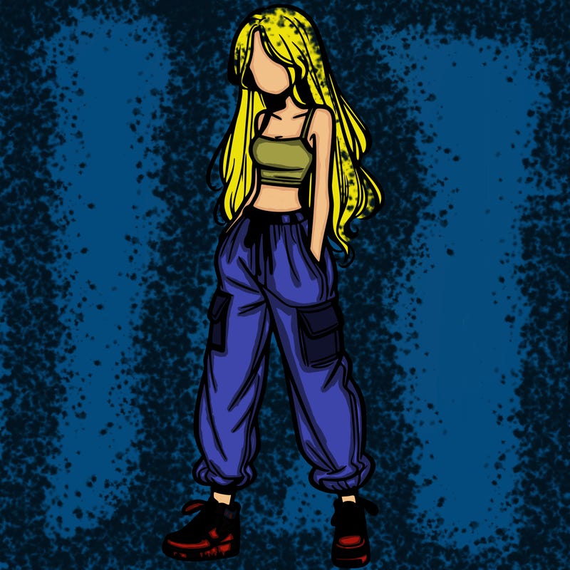 girl in baggy pants crop top and long hair