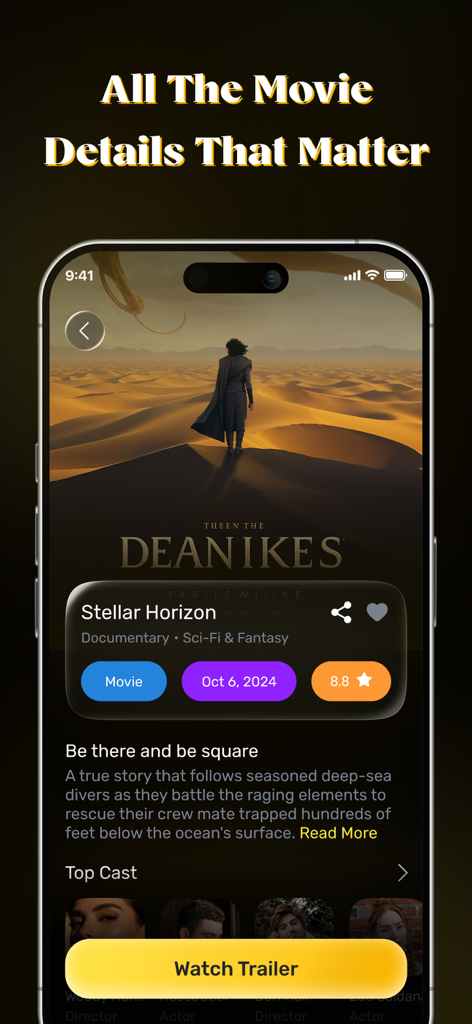 Interface of MovieBox Pro app displaying movie details including synopsis, rating, cast, and a watch trailer button.