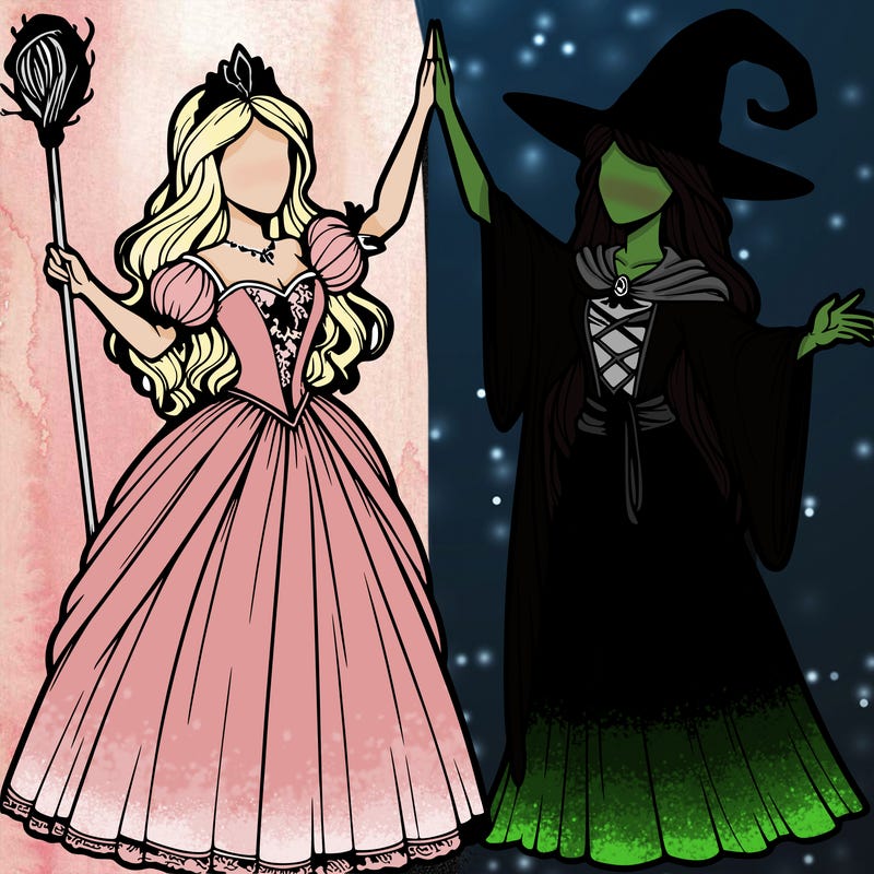 detailed realistic split of a princess and a witch