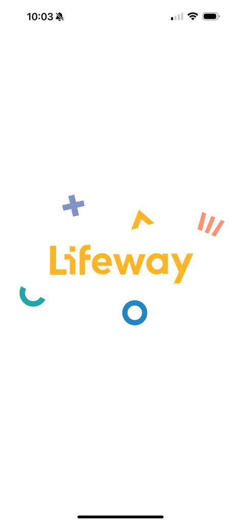 Lifeway On Demand - The splash screen of the Lifeway On Demand app featuring the yellow Lifeway logo surrounded by colorful geometric shapes on a white background.