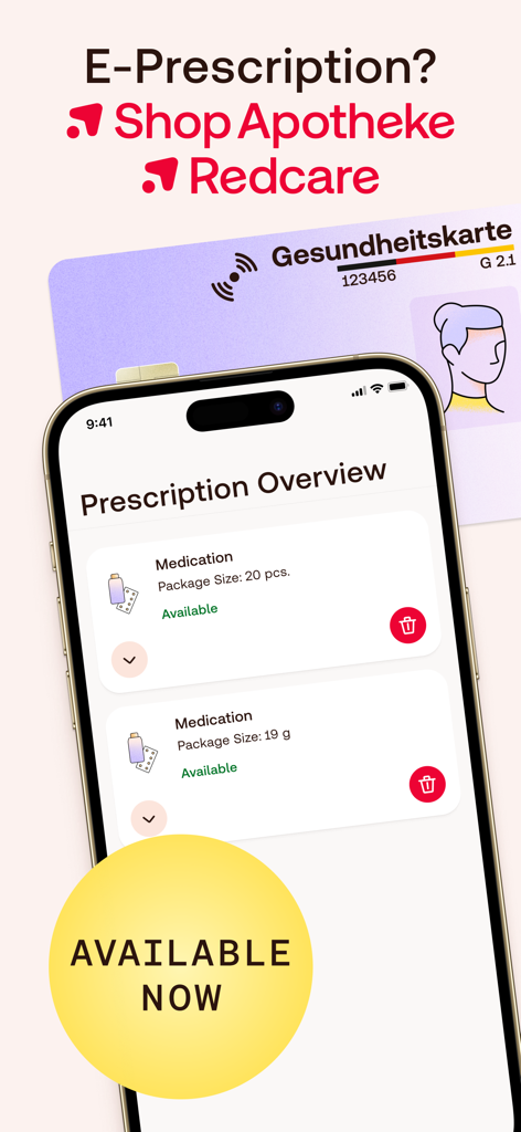 Smartphone displaying an electronic prescription overview in the Shop Apotheke Redcare app next to a health insurance card