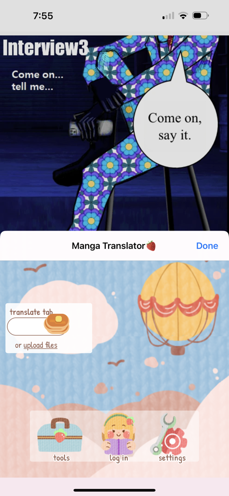 IchigoReader - Translate Manga - IchigoReader app interface showing translated manga panels and file upload settings.