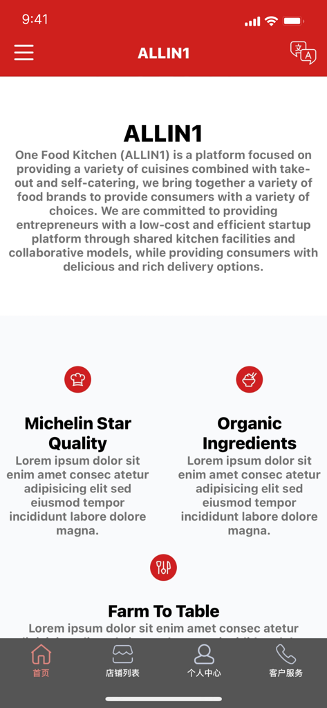 ALL IN 1 - ALL IN 1 mobile app screen showing food platform description with Michelin Star Quality and Organic Ingredients features.