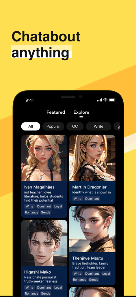 Écran d'exploration de l'application Talk.AI affichant divers personnages IA pour des discussions de jeu de rôle.