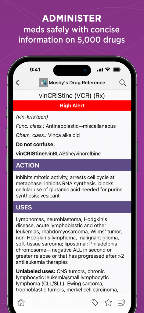빈크리스틴에 대한 상세 약물 정보 및 안전 경고를 표시하는 Mosby's Drug Reference 앱이 있는 스마트폰 화면