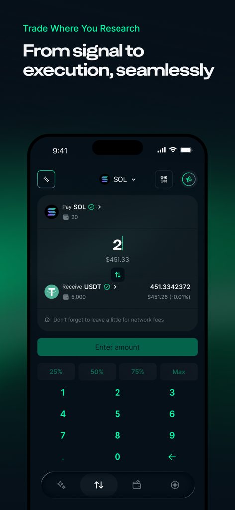 Interfaccia dell'app mobile Nansen AI per lo scambio di token SOL di Solana con USDT