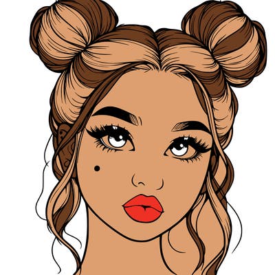 realistic girl with two buns on her hair and lips