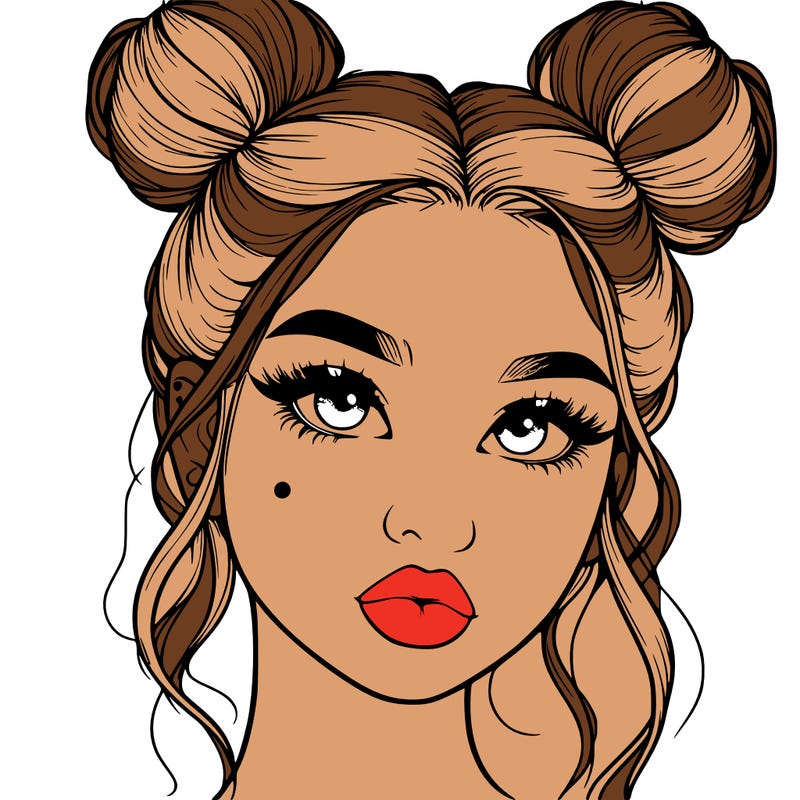realistic girl with two buns on her hair and lips