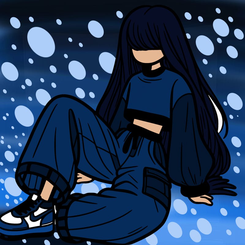 a girl with baggy pants and a crop top with long hair