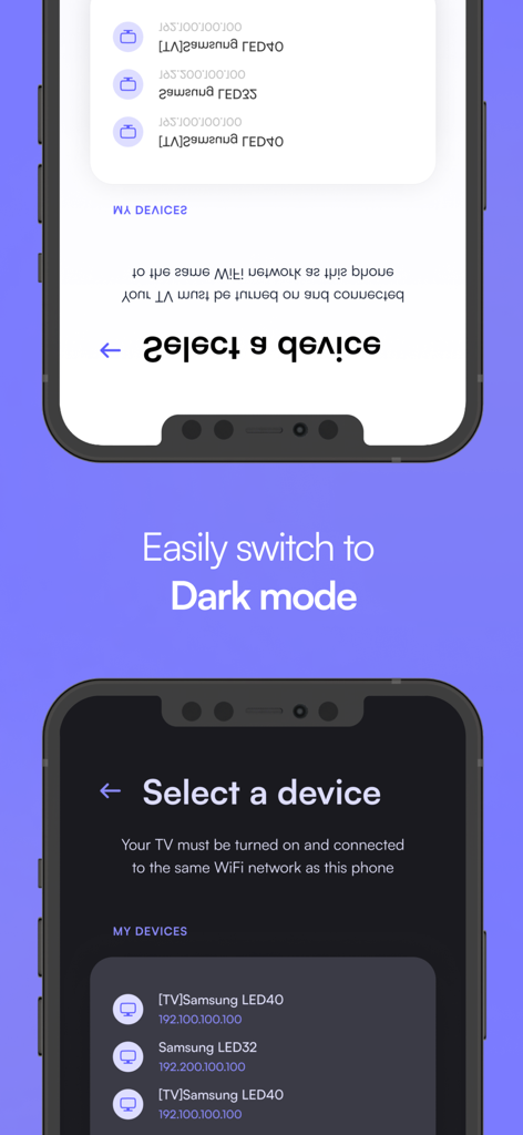 Comparación de las interfaces en modo claro y oscuro en la aplicación de control remoto LG para seleccionar un dispositivo