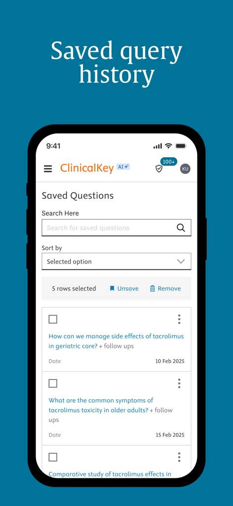 ClinicalKey AI - Interface of the ClinicalKey AI app showing a list of saved medical query history and questions.