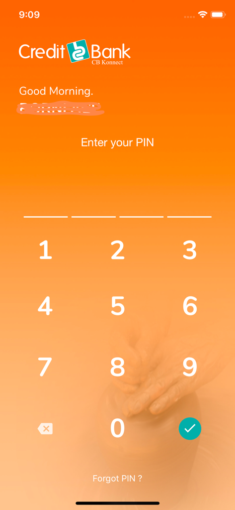 Credit Bank CB Konnect - Credit Bank CB Konnect app login screen with a numeric keypad for PIN entry.