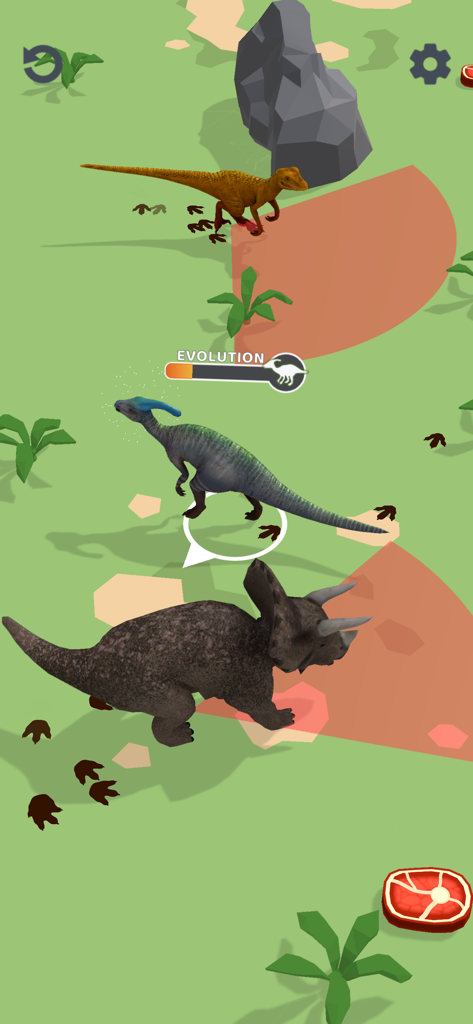 Dino Evolution 3D - Dinosaur characters and evolution progress bar on a green field in Dino Evolution 3D