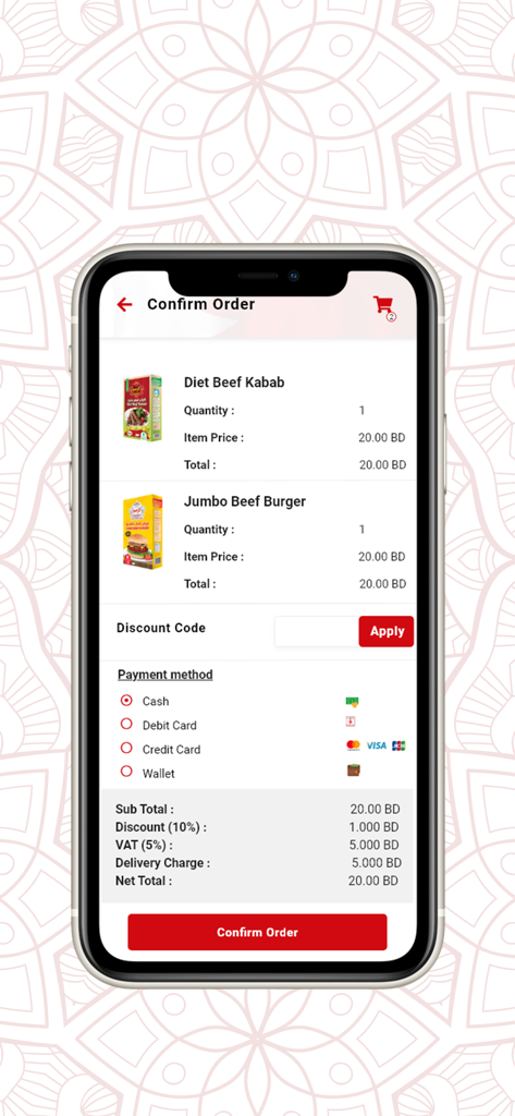 Alzaeem - Confirm order screen in the Alzaeem app showing beef kabab and burger items with total price and payment options