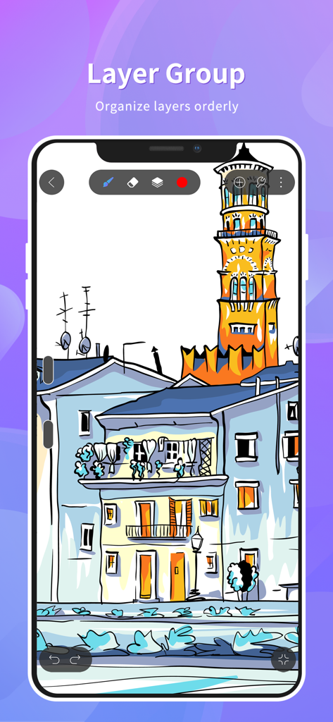 HiPaint- Sketch & Paint - Une illustration numérique d'une scène de ville sur un smartphone utilisant HiPaint, montrant la fonction d'organisation des groupes de calques.