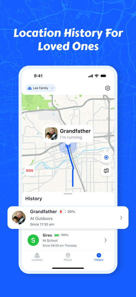 Interface do aplicativo Phone Tracker mostrando histórico de localização em tempo real e rastreamento por mapa para membros da família