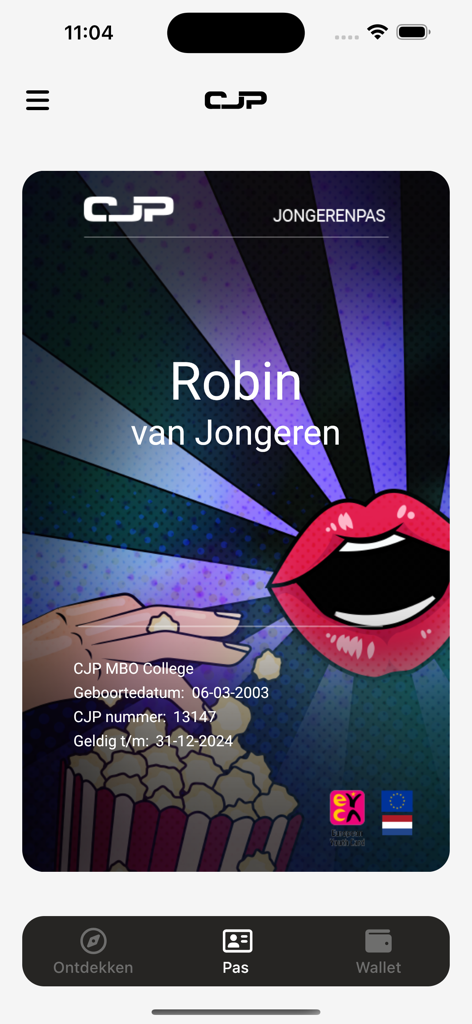 A digital youth pass on the CJP mobile app interface showing user information and colorful pop art graphics.