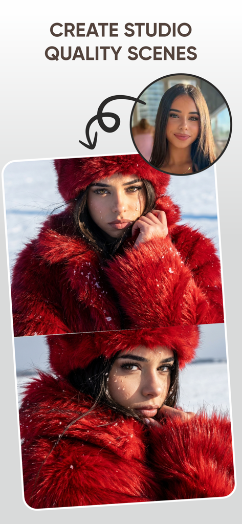 AI Photo Editor: Change Style - シンプルな背景からAIを使用して高品質な雪景色ファッションシーンに変身した女性のポートレート。