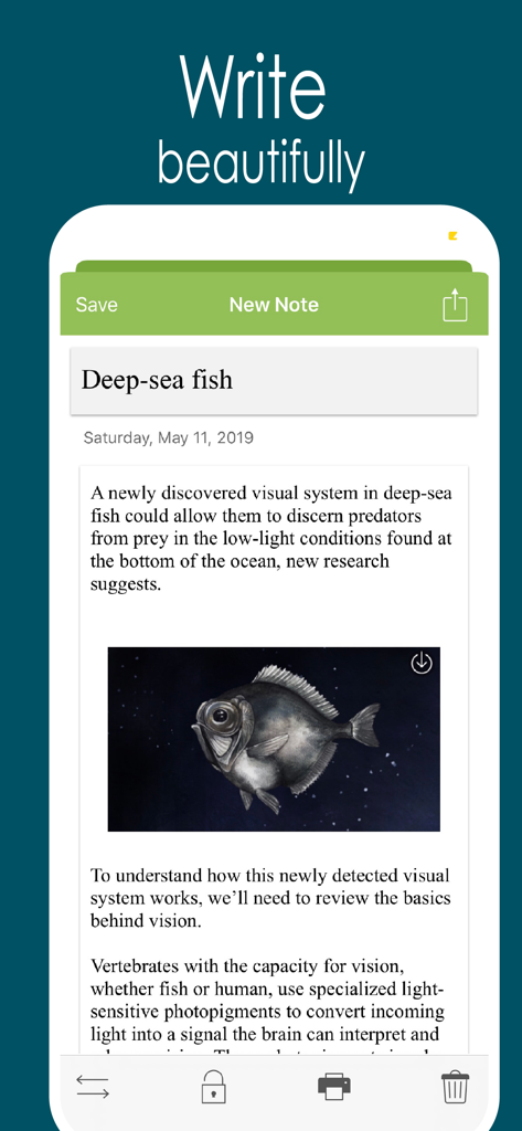 Une entrée de journal numérique dans l'application Awesome Calendar Lite présentant une photo et un texte descriptif sur les poissons des grands fonds.