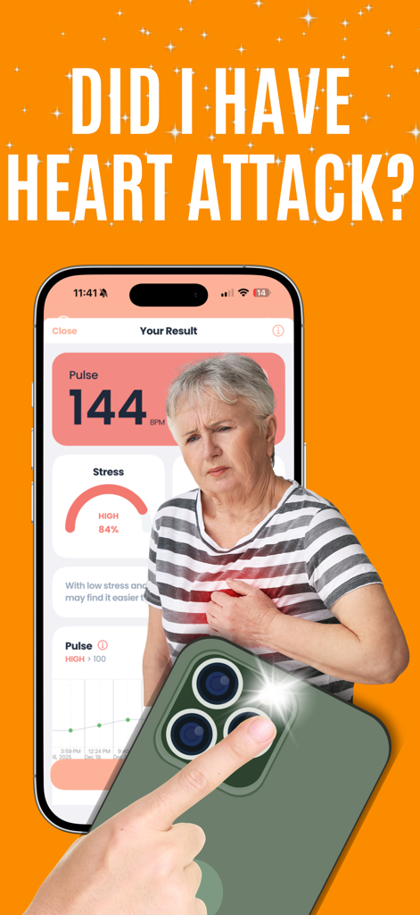 Blood pressure app Free of-ads - Mobile health app interface showing high pulse and stress results next to an elderly woman clutching her chest in pain