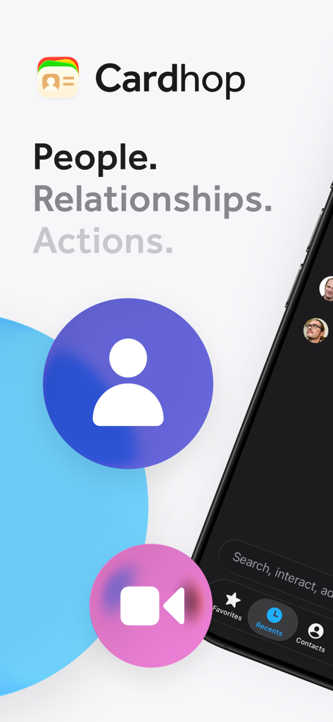 Cardhop app interface highlighting people relationships and communication actions on an iPhone
