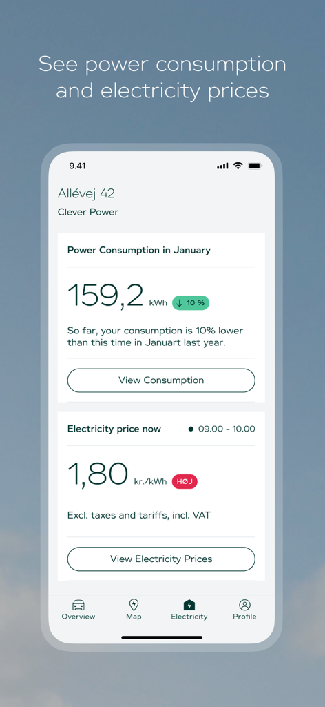 Interfaccia dell'app mobile Clever che mostra il consumo di energia e i prezzi dell'elettricità in tempo reale