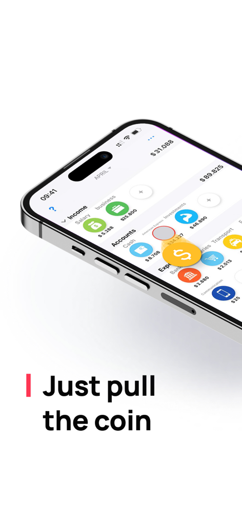 A smartphone screen showing the Budget OK money manager app with its unique coin dragging interface for logging expenses