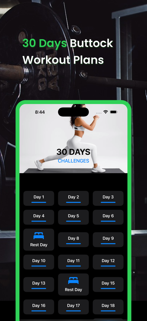 Buttocks Workout - Hips & Butt - Smartphone screen showing a 30 day buttocks workout challenge grid with daily exercises and rest days