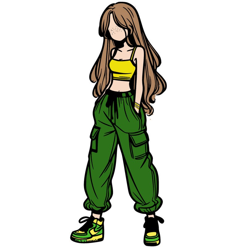 girl in baggy pants crop top and long hair