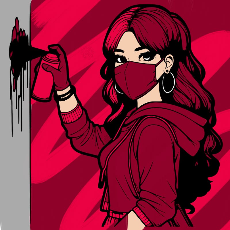 realistic girl with mask spray painting a wall