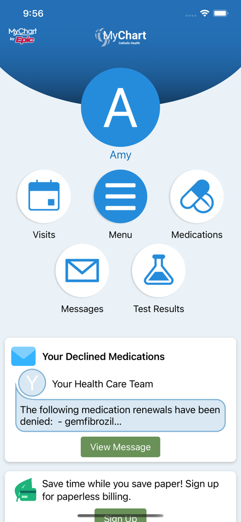 Catholic Health Buffalo - Catholic Health Buffalo MyChart app home screen showing navigation icons for medical visits medications and messages