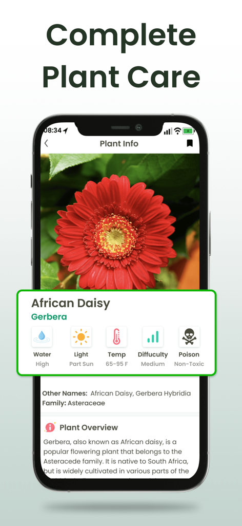 Plant Identifier: Plantiary - モバイルアプリのインターフェースが、アフリカンデイジーの詳細な植物ケア手順（水やりと光の要件を含む）を示しています。