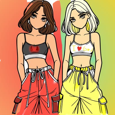 two girls with crop top with baggy pants