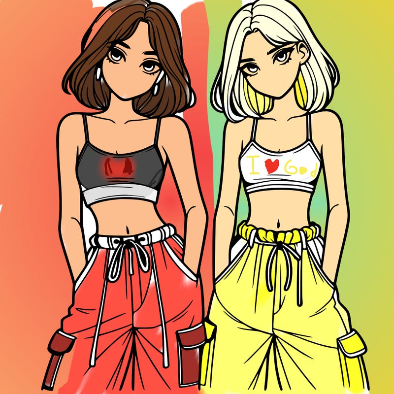 two girls with crop top with baggy pants
