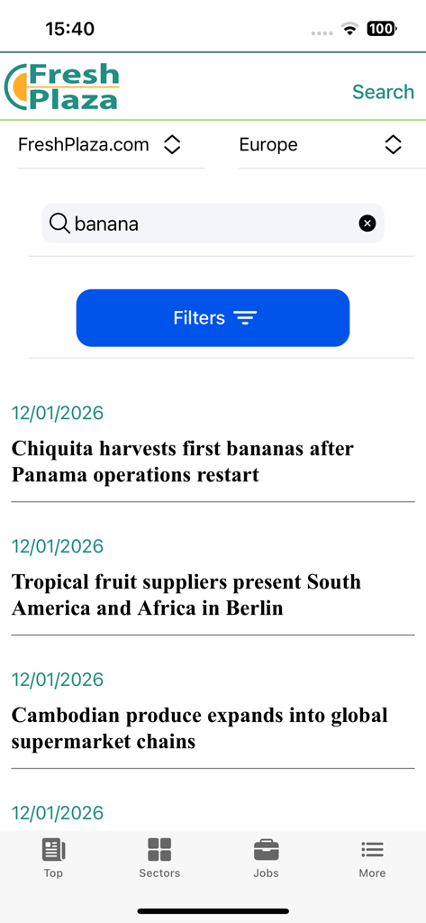 FreshPublishers.com - Schermata di ricerca di FreshPlaza che mostra articoli di notizie relativi a banane e fornitori di frutta tropicale