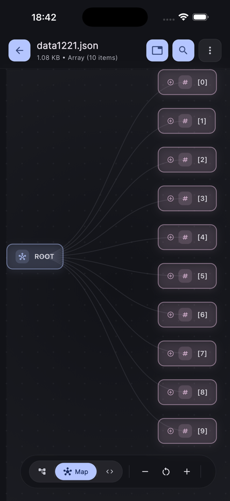 Visual node map representation of a JSON array structure in dark mode